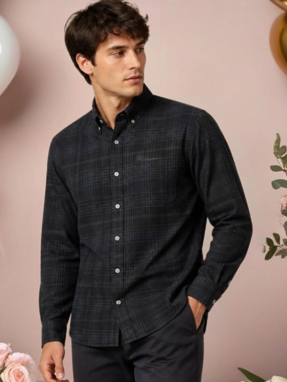 Men's Plaid Button-Front Long Sleeve Shirt